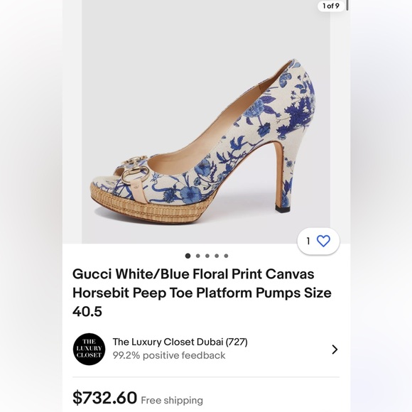 Gucci White/Blue Floral Print Canvas
Horsebit Peep Toe Platform Size 38. - Picture 3 of 5